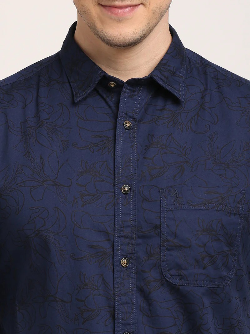Indian Terrain Men's Slim Fit Full Sleeve Printed Dark Blue Shirt